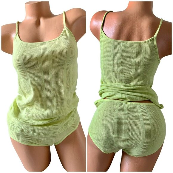 Vintage ESPRIT Cami Panty Set 90s Y2K Cotton retro Y2Kcore Green Lime Large New - Picture 2 of 2